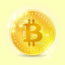 
Illustration Drawn Realistic Bright Bitcoin Coin. Money Icon, Cryptocurrency