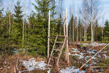 Poster - Hunting tower standing in forest on winter day.