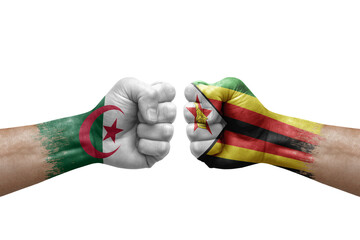 Two hands punch to each others on white background. Country flags painted fists, conflict crisis concept between algeria and zimbabwe