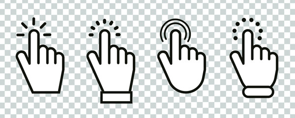 Leinwandbilder - Pointer cursor сomputer mouse icon. Clicking cursor, pointing hand clicks icons on transparent background. Click cursor - stock vector.