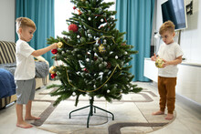 Two  Boys Decorate A Tree 