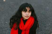 Young Southasian Woman In Red Scarf