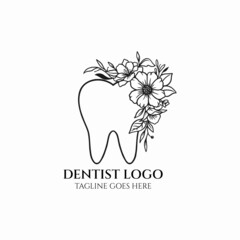 Wall Mural - dentist logo tooth vector, dental icon, dentist with flower illustration