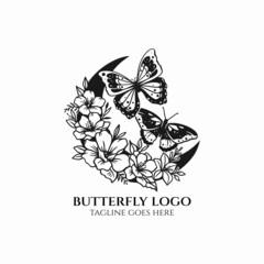 Poster - Butterfly logo design, beauty butterfly with flower vector art silhouette