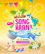 Songkran Thailand festival, Thai flowers in a water bowl, splashing, gun water, sand pagoda, on sand and yellow background, EPS 10 vector illustration