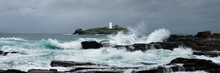 Godrevy Lighthouse Storm Waves Cornwal South West Coast Path