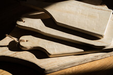 Closeup Of Handmade Wooden Cutting Boards 