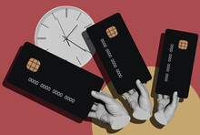 Male Hands Holds A Bank Cards And Clock