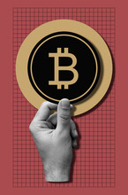 Collage With Male Hand Holding Bitcoin