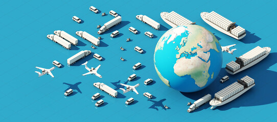 the Earth world map surrounded by cardboard boxes, a cargo container ship, a flying plane, a car, a van and a truck with gps location on blue background 3D rendering isometric view