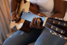Play Guitar Music, Black Female Hand Close Up