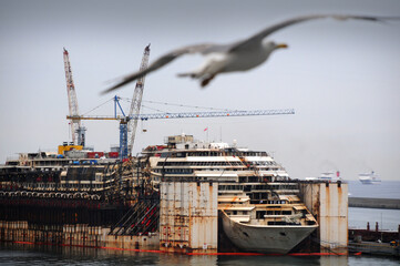 Canvas Print - Shipwreck in the port of Genova, Italy on clear sky background