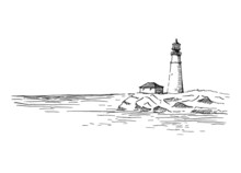 Lighthouse. Seascape. Hand Drawn Vector Illustration.