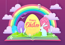 Open Fairy Tale Book With Easter Eggs And Rabbits. Cut Out Paper Art Style Design. Vector Illustration