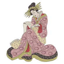 Reading Japanese Woman In Kimono. Traditional Vintage Style. Isolated Vector Illustration.