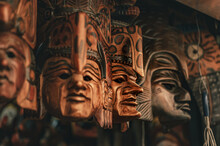 A Closeup Shot Of Different Types Of Masks For Sale In The Store Of Antigua Guatemala