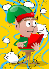 Wall Mural - Christmas Elf reading and pointing at an opened book. Vector cartoon character illustration of Santa Claus's little worker, helper.