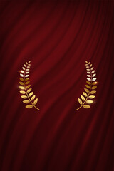 Wall Mural - award nomination emblem, gold laurel wreath with red curtain background. movie award ceremony openin