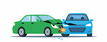 Car Accident. Damaged Transport On The Road. Collision Of Two Cars, Side View. Road Collisition. Damaged Transport. Collision On Road, Safety Of Driving Personal Vehicles, Car Insurance. Vector.
