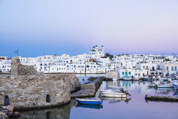 Wall Mural - Beautiful night view of Naousa village, Paros island, Greece. Popular tourist destination in Europe