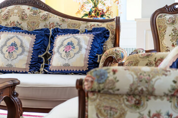 Wall Mural - Detail image of Pillows on an antique luxury sofa