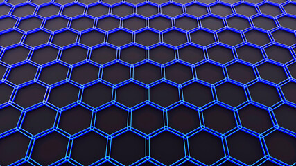 Background with 3D hexagons pattern, blue honeycomb structure on black background, 3D technology interesting texture render illustration.