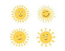 Cute Handdrawn Smiling Suns On White Background