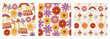 © Alina - Set retro 70s seamless patterns, hippie backgrounds with positive symbols. Vector cartoon flowers, mushrooms, peace sign, rainbow, sun.