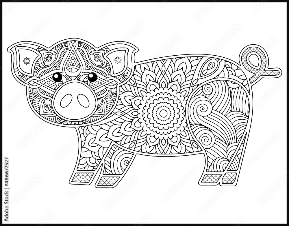 Drawing zentangle pig for coloring book for adult, Pig mandala coloring