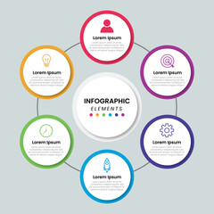 Wall Mural - Timeline infographic template with Modern circles shapes. Business process line with 6 number options, steps. Vector illustration.