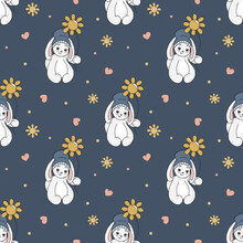 Cute Rabbit With Yellow Balloons. Sunflower. Valentines Day. Seamless Pattern. Background. Romantic Illustration