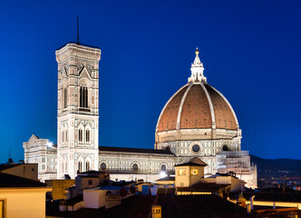 Poster - Florence Duomo and Campanile - Bell Tower - architecture illuminated by night, Italy. Urban scene in exterior - nobody.