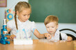 Knowledge is always yours. Cute Little girl helping her younger brother at classroom in school or pre-school