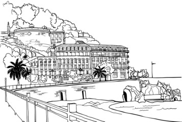 Poster - Beautiful Promenade in Nice in hand drawn sketch style. Nice, Provence, France. Vector illustration. Line Art. Nice European city. Black and white urban landscape on white background. Without people.