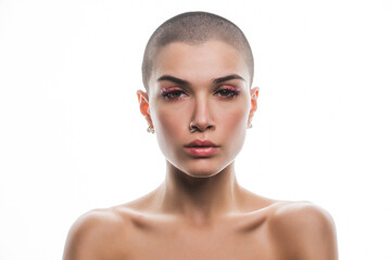 modern beauty portrait. young woman with shaved head