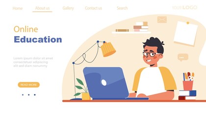 Online learning banner. Boy studying on computer vector illustration in flat style. E-learning for kids landing page template. Online courses of preschool education, distance learning or homeschooling