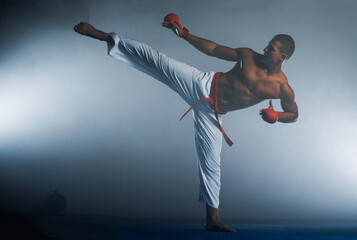 Wall Mural - Karate martial arts fighter in white kimono in the gym