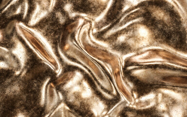 Poster - abstract liquid fluid bronze coppper folded metal surface with scratches and imperfections 3d render illustration