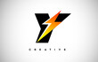 © twindesigner - Letter Y Thunderbolt Logo Concept with Black Letter and Orange Yellow Thunder.