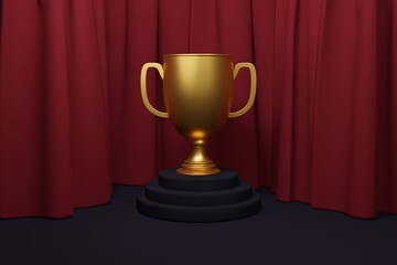 3d award golden trophy wallpaper for 1st position prize - Gold winner cup on metallic shiny platform - Illustration for first success - Successful position