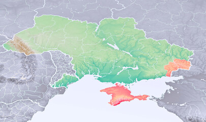 Physical map of Europe, Ukraine and borders. Russia and Belarus, Crimea and the Black Sea. Borders and provinces of Ukraine, map. Military maneuvers at the borders.