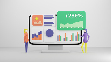 Poster - 3D Rendering Illustration Dashboard Result Evaluation Success People Teamwork Analysis SEO Marketing Online Data Graph Information Website Finance Brainstorm Growth Feedback Diagram Graphic Report