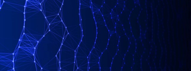 Poster - Neon background. Texture chaotic wave with dots, particles, glowing stars. Design is plexus lines, grid, information web. Digital network. Poster of technology, medicine, social networks, business.