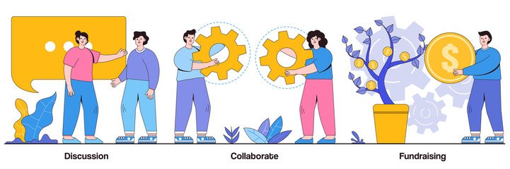 Wall Mural - Discussion, collaboration, fundraising concept with people character. Teamwork and coworking web banners abstract vector illustration set. Online business conference, money investment metaphor