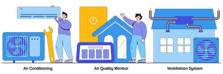 Poster - Air conditioning, air quality monitor, ventilation system concept with people character. Indoor weather and climate control technology vector illustration set. Cooling and heating appliance metaphor