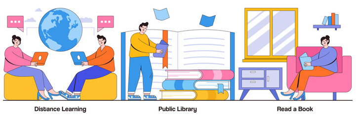 Poster - Distance learning, public library, read a book concept with people character. Off campus learning vector illustration set. Off campus learning, tutoring and workshop, download e-book, homework
