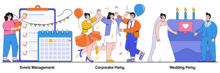 Poster - Event management, corporate and wedding party concept with people character. Entertainment service vector illustration set. Meeting organizer, planning service, team building, celebration metaphor