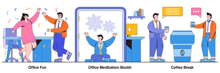 Poster - Office fun, meditation booth, coffee break concept with people character. Stress management at work vector illustration set. Employee wellbeing, team building activity, relax room, yoga break