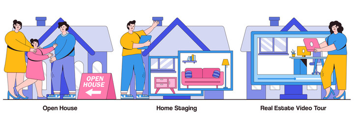 Open house, home staging, real estate video tour concept with people character. Home for sale vector illustration set. Floor plan, walk through, private residence, potential buyer, furniture metaphor