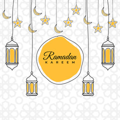 Wall Mural - Ramadan greeting card or banner background. Hand drawn lanterns, moon and stars. Ramadan Kareem hand drawn decoration background. Vector design for muslim ramadan holiday